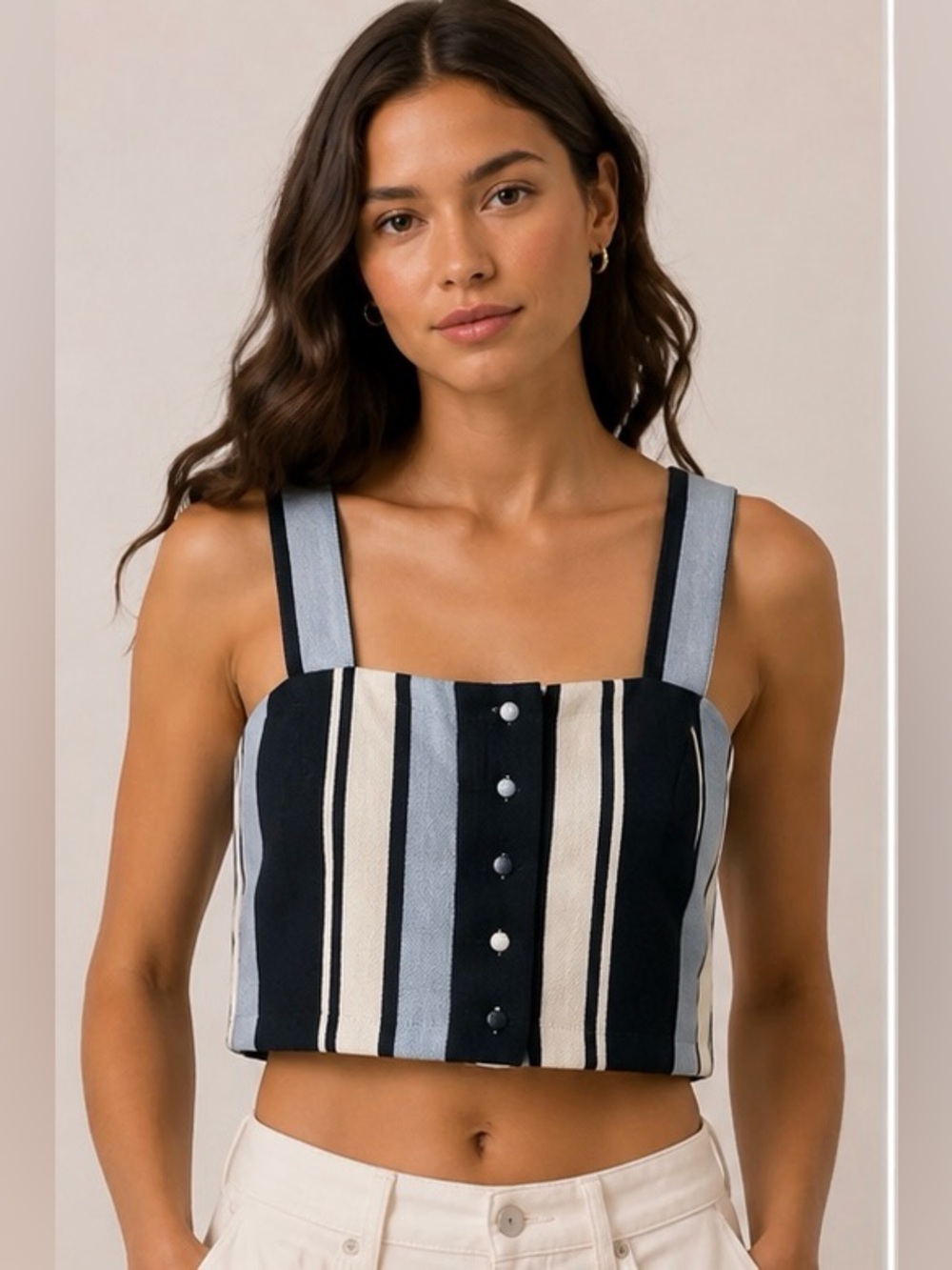 J.O.A. Striped Cropped Button Front Tank Top Navy Blue Cream NWT